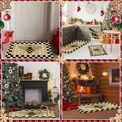 Bee Honeycomb Entryway Floor Mat with Black Check Border in Three Sizes from 15.74 x 23.62 to 17.71 x 47.24 Inches