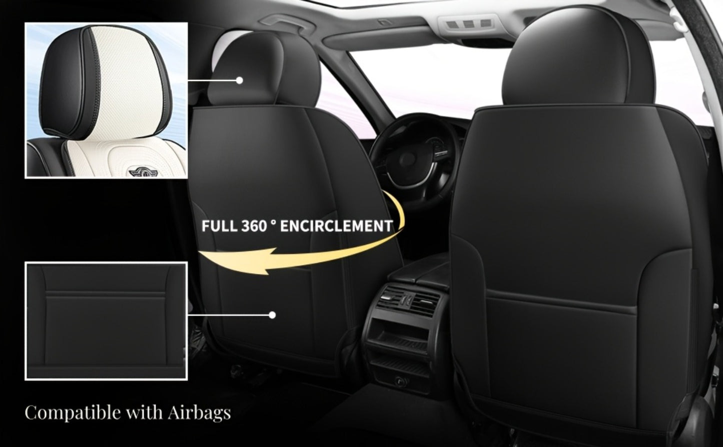 PU Leather Car Seat Cover Full Enclosure with Lumbar Support & Sponge Cushion – Two-Tone Sporty Design Universal Fit for Car Sedan Truck SUV (White-Black / Gray / Red-Black / Orange-Black)
