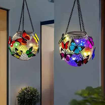 Solar Outdoor Lights 2-Pack Metal Butterfly Hanging Lanterns in Warm White or Multicolor for Porch Decor