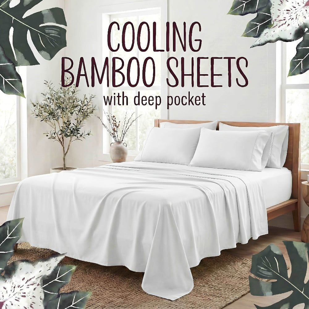 Bed Sheet Set 4-Piece Bamboo Fiber with Deep-Pocket Fitted Sheet, Four Sizes and Twelve Color Options