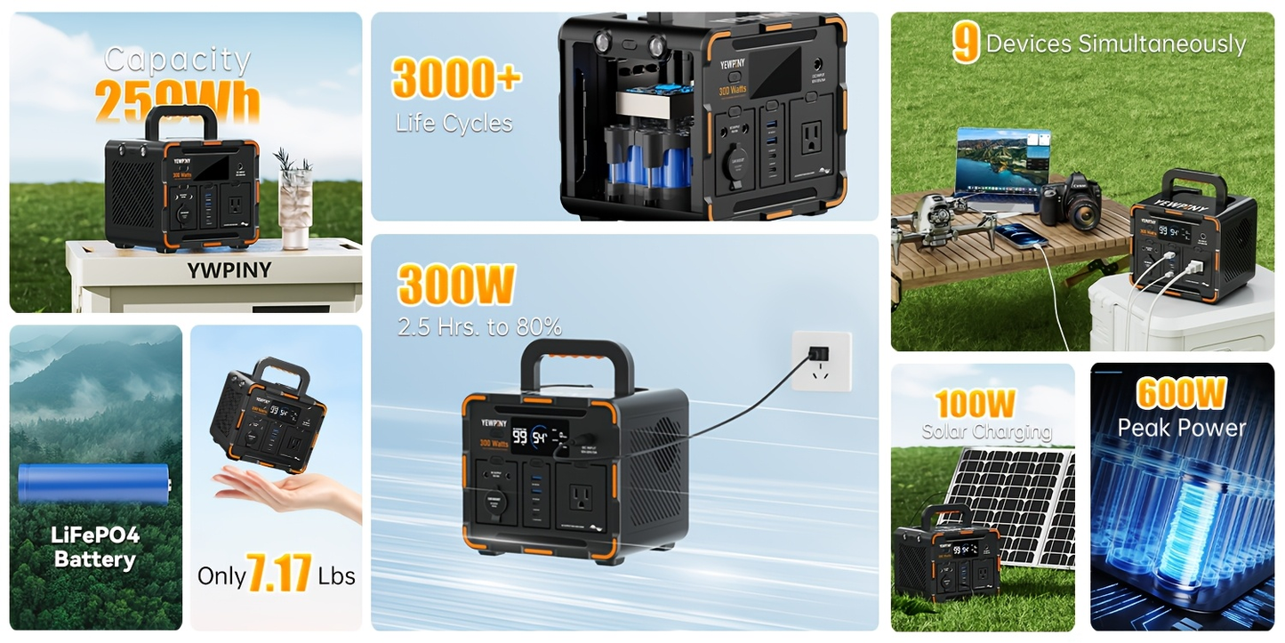 Portable Power Station 259Wh 300W or 599Wh 600W with AC, DC, USB, LiFePO4 Cell Pack and LED Light