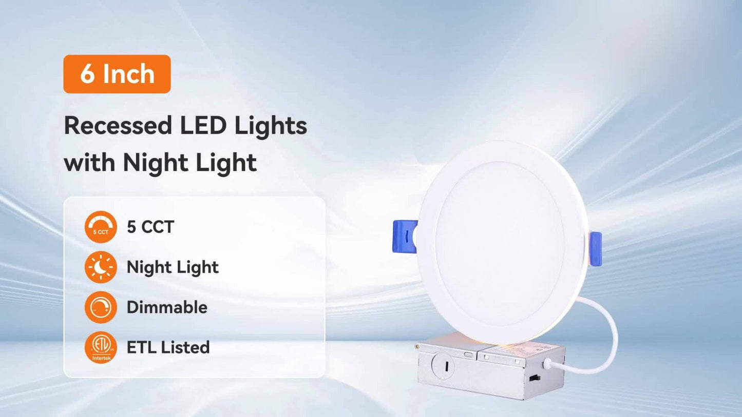 6 Inch LED Recessed Light 5CCT Selectable Dimmable - 12W 1050LM, 2700K-5000K, ETL Listed Slim Canless Downlight for Kitchen, Bedroom, Living Room & Office (6 / 24 / 48 / 72 / 96 Pack)