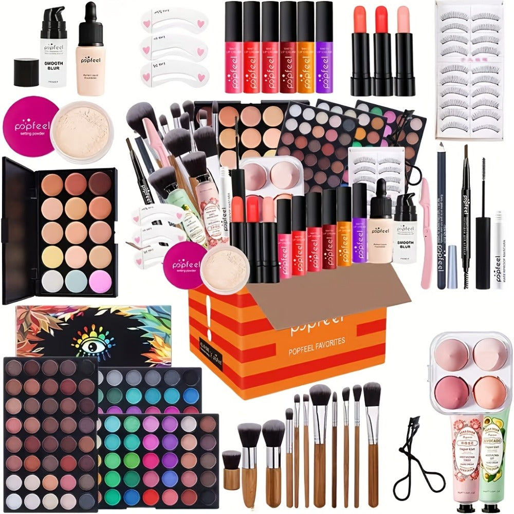 Makeup Gift Set POPFEEL 29-Color Eyeshadow Palette + Mascara + Eyeliner + Brow Pencil + Highlighter Powder + 7-Piece Brush Set | Complete Eye & Face Kit for All Skin Types | Beginner Friendly