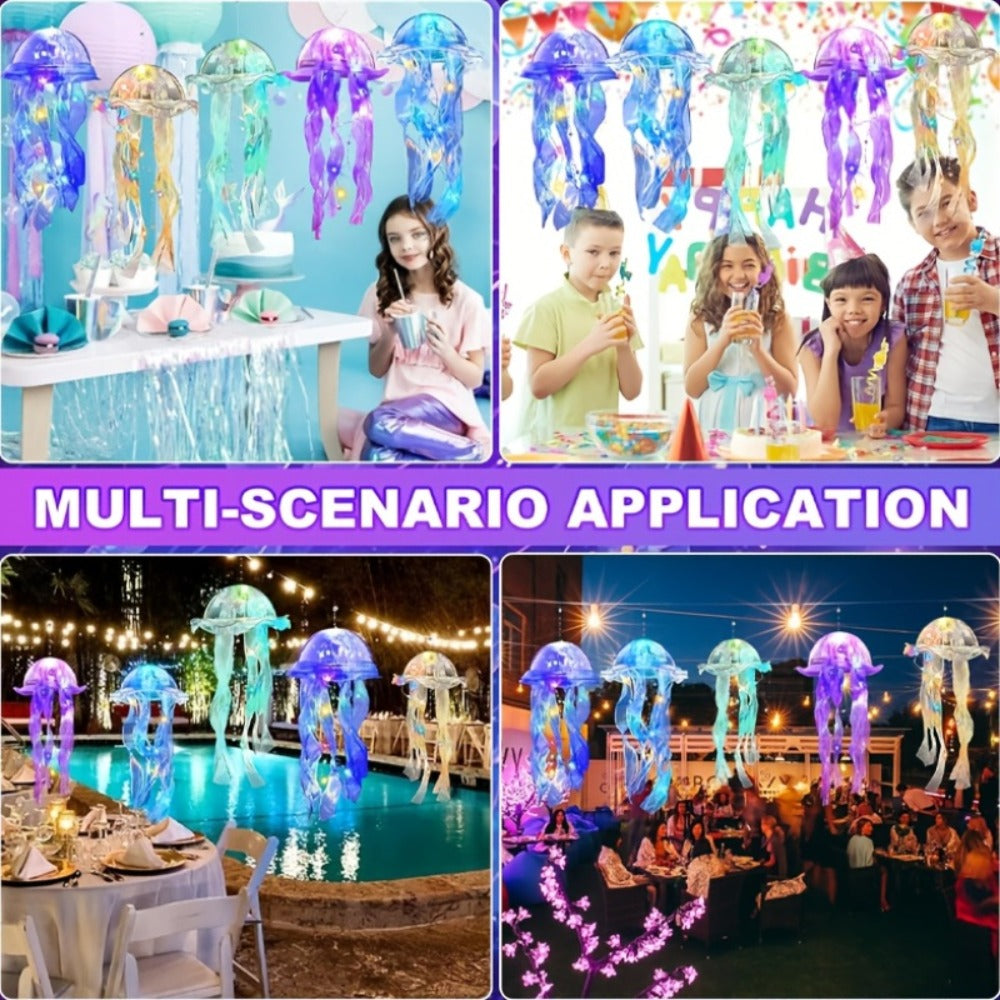 Five-Piece Illuminated Jellyfish Hanging Decoration Set with Translucent Crystal-Style Ribbons