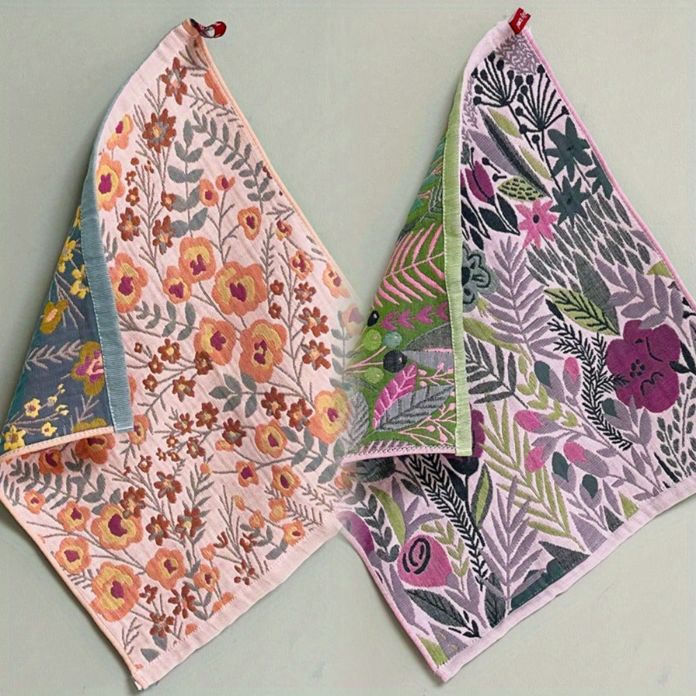 Floral Cotton Face Towels 2pcs – Soft Absorbent Wash Cloths for Home, Hotel & Spa | 14.37x15.75 In