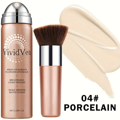 Spray-On Liquid Foundation Bottle with Matching Face Brush in Four Shades from Natural to Porcelain