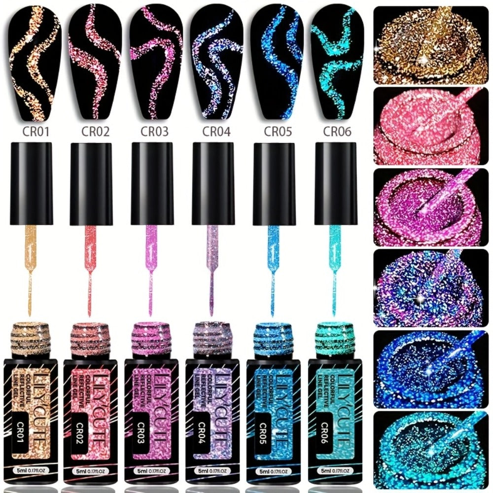 Reflective Line Nail Art Gel Set with Three 5ml LILYCUTE Bottles, Slim Liner Brushes and Two Color Group Options