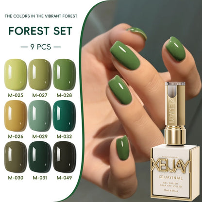 Gel Nail Polish Set with XEIJAYI Label, 9 Green Forest Colors in 0.51oz Photo Frame Bottles