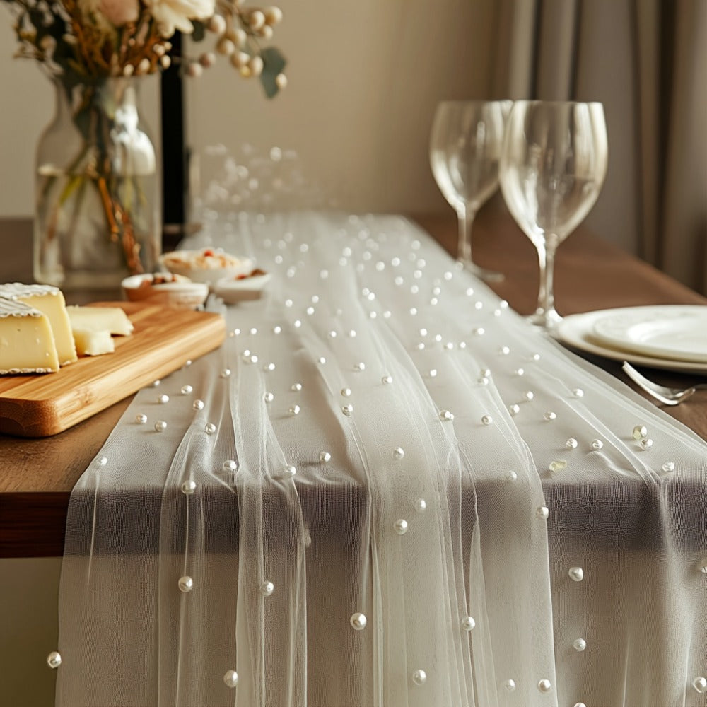 Three-Piece White Pearl-Beaded Tulle Table Runner Set, 2.5 x 9.8 Feet Each for Event Tables