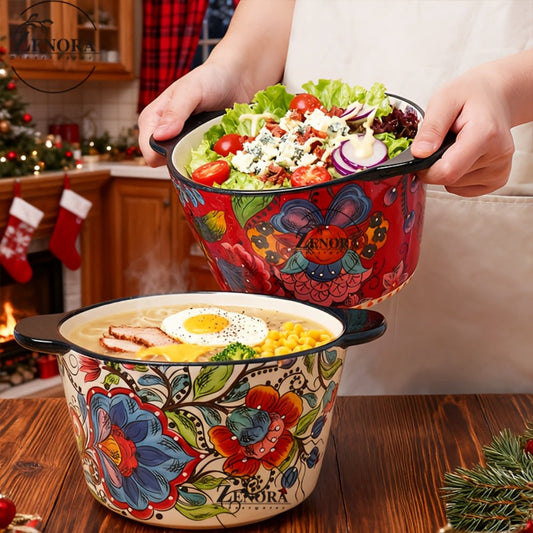 Giant Ceramic Extra-Deep Serving Bowl With Handles, 101oz, Bohemian Hand-Painted, Chip-Resistant