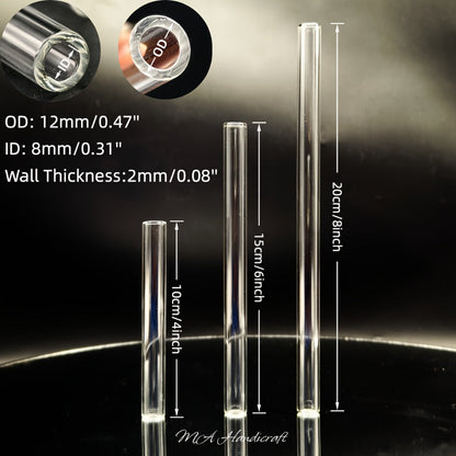 Borosilicate Glass Straws 10pcs Reusable Clear 12mm Wide, Heat Resistant 150°C Dishwasher Safe, Glass Drinking Straws for Hot Cold Drinks Coffee Tea Smoothies Juice, 3 Sizes Available