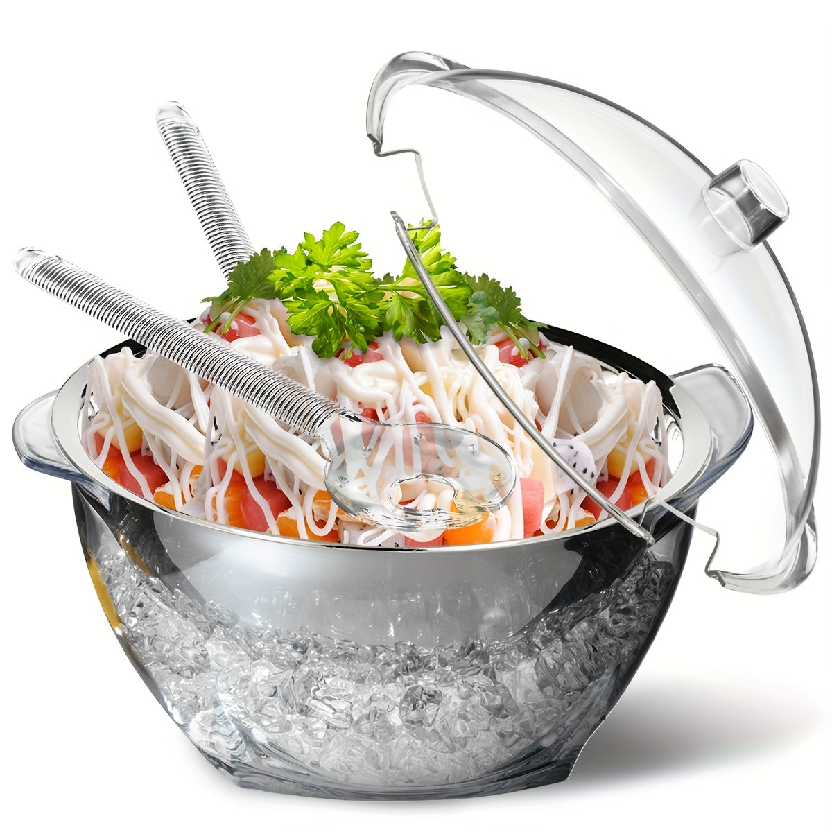 Stainless-Style Salad Bowl Set with Lid, Serving Spoons and Ice-Chiller Base for Buffet or Picnic Display