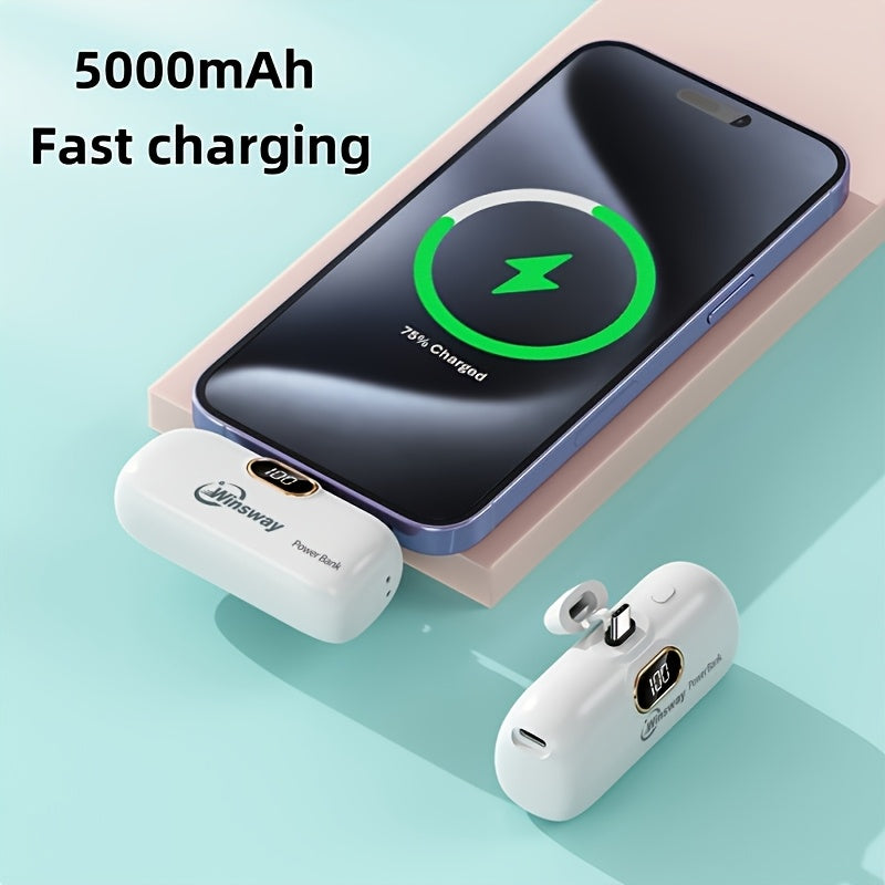 Winsway 5000mAh Mini Portable Charger Type-C Metal Plug with LED LCD Display – Fast Charging Pocket Battery Pack for iPhone 17 16 15 Pro Max iPad Pro Android Samsung, Compact Travel Gift