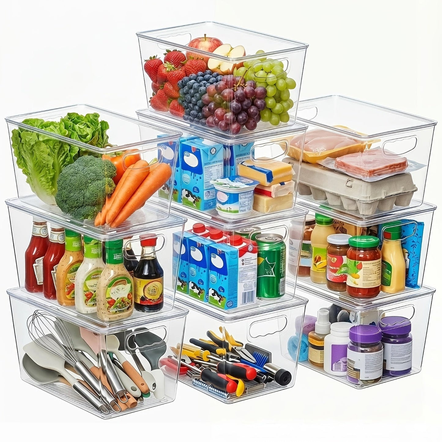 Clear Stackable Storage Bins with Lids 10 Pack - Large Plastic Pantry Organizer Containers with Handle, 11x7.5x6 Inch, for Kitchen Fridge Cabinet Closet Bathroom Organization