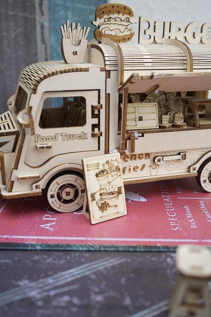 Wooden Food Truck 3D Puzzle Model Kit with Burger Stand Body, Miniature Tables and Pictured 21.5 cm Length