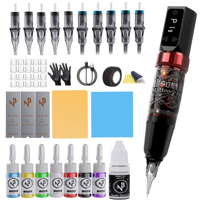 Tattoo Machine Kit INKSOUL TM-94 Wireless Rotary Pen with 1500mAh Supply, 10 Cartridges, 7 Inks and Mixing Cups