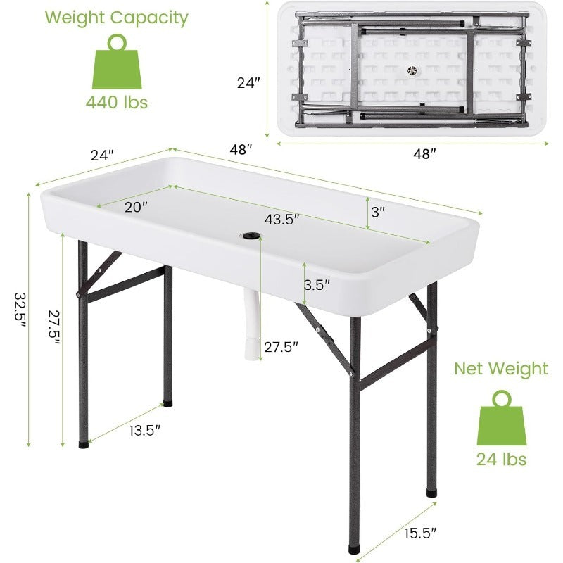Ice Table Folding 4 ft Portable Cooler Table with Drain & Removable Skirt, Fill and Chill Party Beverage Station for BBQ, Camping & Outdoor Events