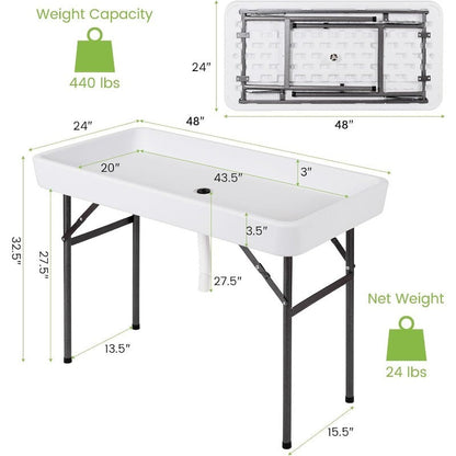 Ice Table Folding 4 ft Portable Cooler Table with Drain & Removable Skirt, Fill and Chill Party Beverage Station for BBQ, Camping & Outdoor Events