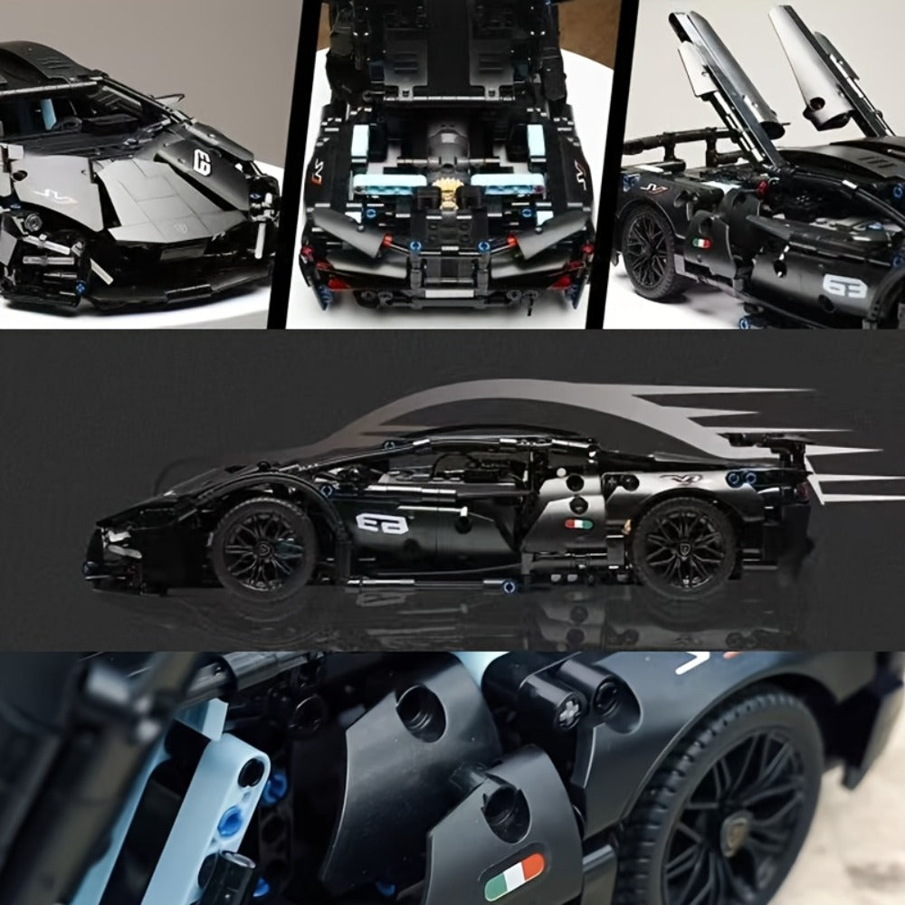 Black Supercar Building Blocks Set 1288 Pcs Limited Edition – Openable Hood Trunk Functional LED Headlights Realistic Engine Advanced Assembly Model Kit Adults Teens Birthday Christmas Gift