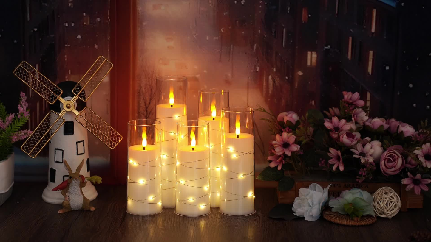 Flameless LED Candles with Remote Control Timer and Star String Lights Set of 5 or 7 Pillar Candles for Wedding Garden Home Decor Anniversary Gift Grey Ivory Gold Red