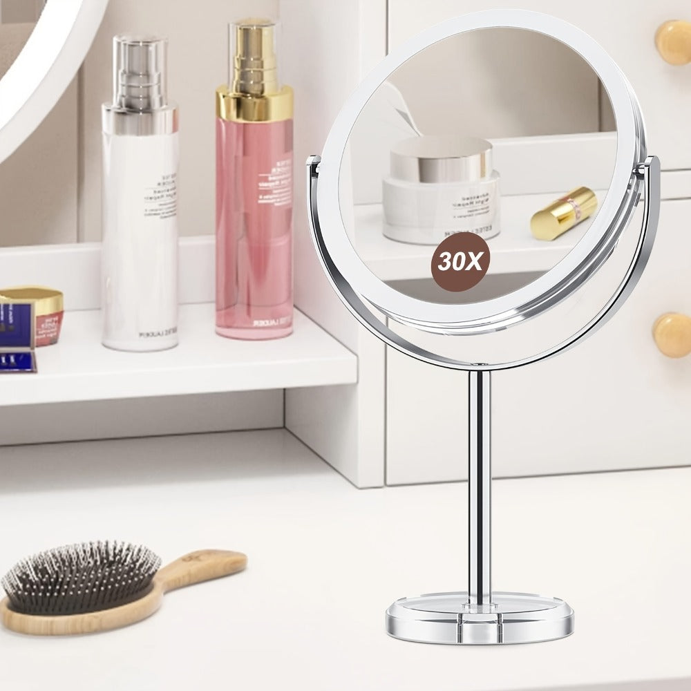 Makeup Mirror Dual-Sided 1X and 30X Round Chrome-Finish Stand with 360° Rotation and Detachable Frame