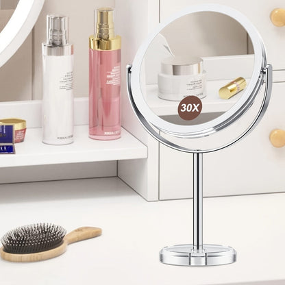Makeup Mirror Dual-Sided 1X and 30X Round Chrome-Finish Stand with 360° Rotation and Detachable Frame