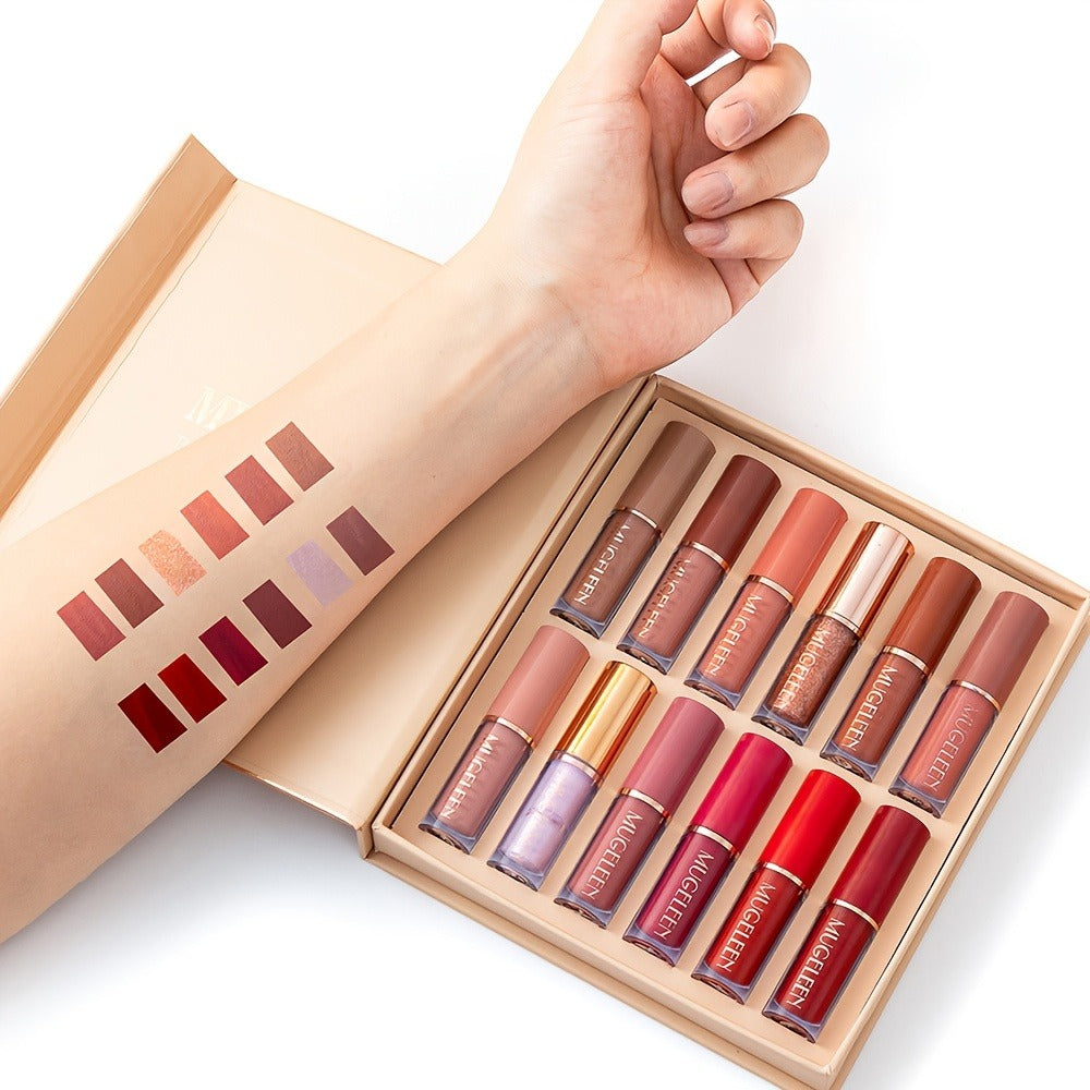Lip Gloss Set 12 Pcs Matte & Pearlescent Lip Glaze Collection – Non-Stick Cup Long-Lasting Non-Fading Velvety Finish Lip Makeup Gift Set for Women Girls All Skin Tones