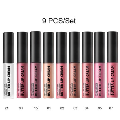 Lip Gloss Set by PECOLORS with 9 Nude and Pink Creamy Lip Colors, Tube Applicators and Display Box