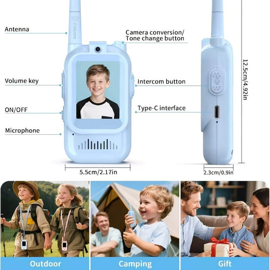 2-Pack Kids Walkie Talkie Toy 2.4GHz – Video Call, Voice Changer & HD Camera, Long-Range Wireless Communication, Blue & Pink, Outdoor Play Gift for Boys & Girls Ages 3-14, Birthday Christmas Gift