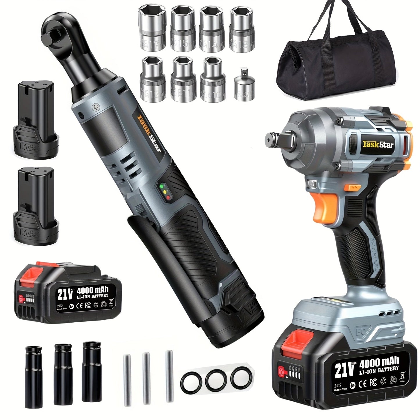 Power Tools TaskStar 3/8 Inch Cordless Ratchet or Wrench Set with 40 Nm Ratchet Option and Variable Speed