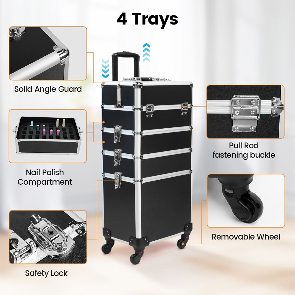 Black Four-Level Rolling Makeup Train Case with Telescoping Handle, Four Trays and Detachable Caster Wheels