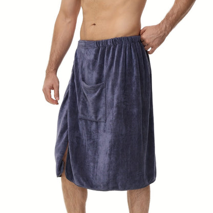 Wearable Bath Towel for Men - Soft Absorbent Suede Microfiber Bathrobe Wrap 320GSM Solid Color Quick Dry Shower Towel | Blue Brown | Spa Gym Bathroom Robe Towel Modern Style Men Gift