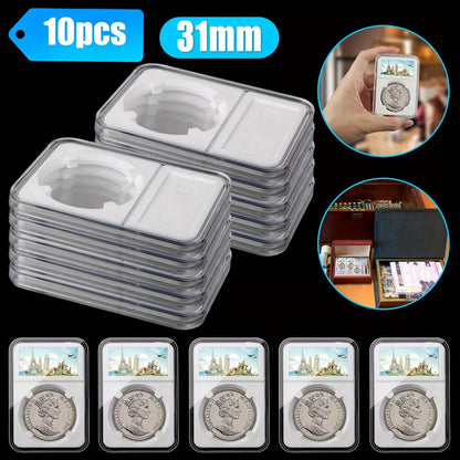 Ten-Pack Clear Coin Slab Display Holders for 31 mm Coins with Four-Point Positioning Inserts