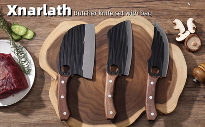 Three-Piece Butcher Knife Set with Dark Patterned Cleaver Blades, Riveted Wood-Look Handles and Carrying Case