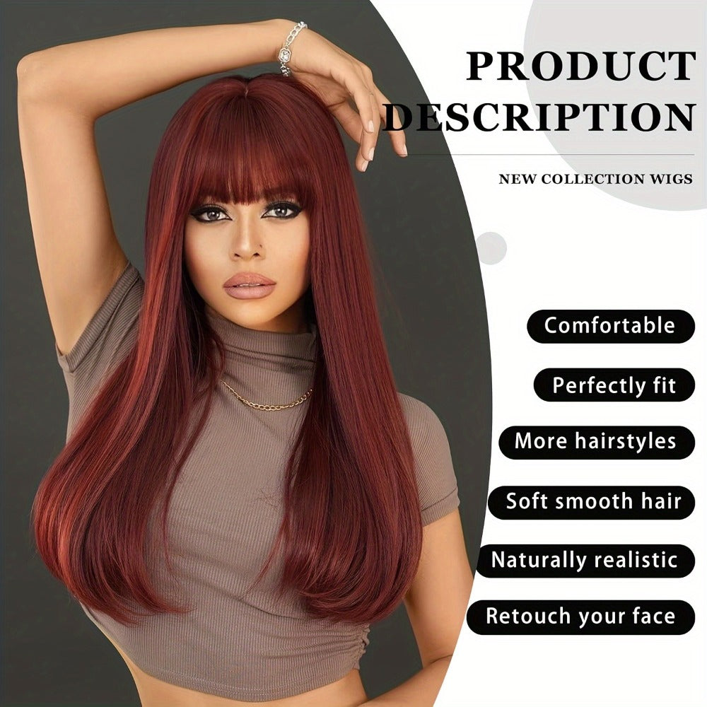 Long Straight Wig with Bangs Burgundy Wine Red 28 Inch Synthetic Heat Resistant Lightweight for Women Daily Wear Holiday Party Cosplay Halloween Natural Look Fashion