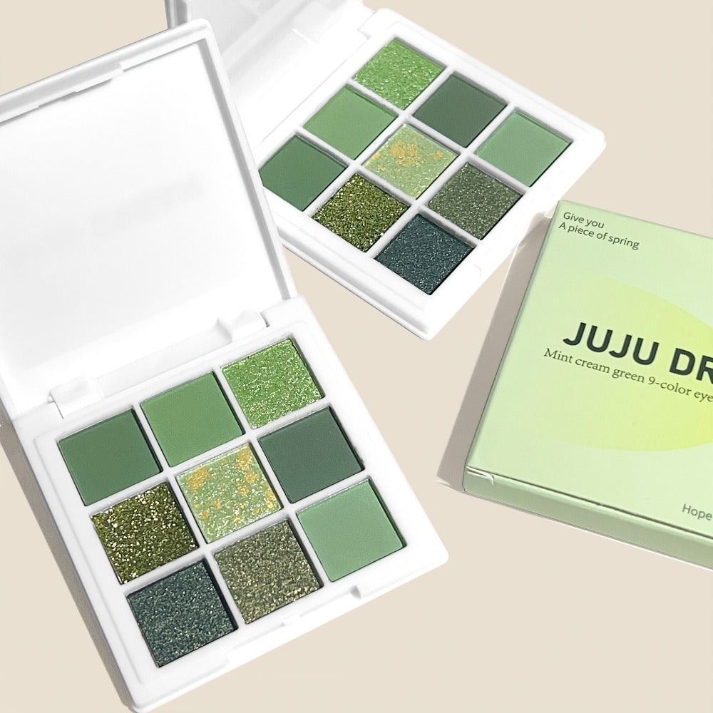Eyeshadow Palette JUJU DREAM 9-Shade Green Compact with Avocado-Forest Color Theme and Matte-Shimmer Mix