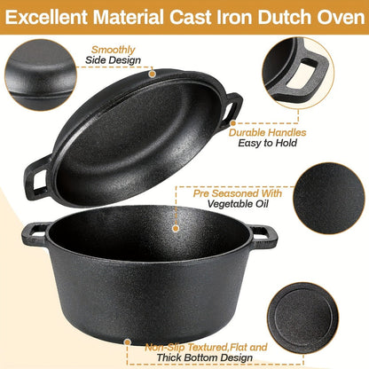 Cast Iron Dutch Oven Set 5.1QT & 7QT with Skillet Lid – Pre-Seasoned 2-in-1 Cookware for Stovetop, Induction, Oven, Campfire & BBQ, Sourdough Bread Baking, Frying, Camping