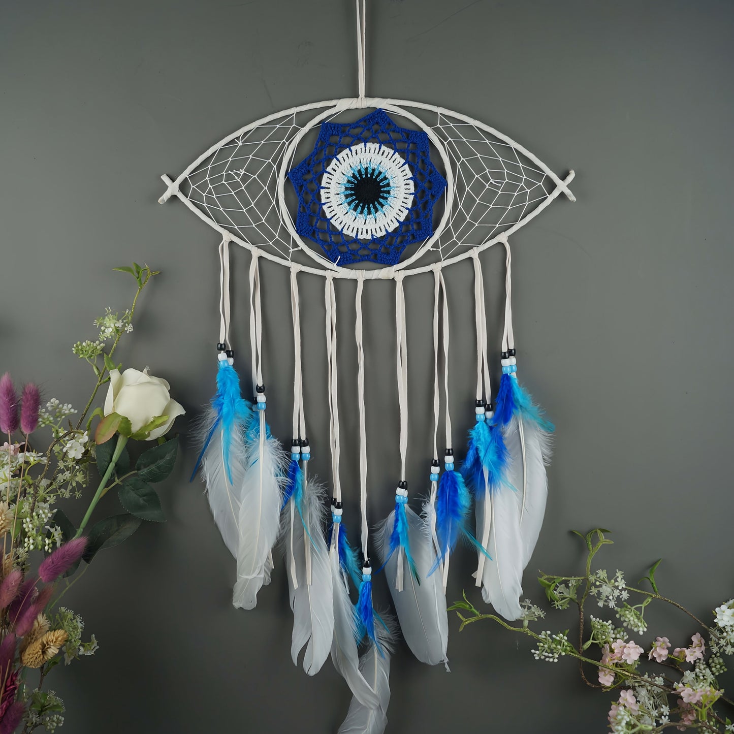Evil Eye Dream Catcher Wall Decor with Woven Blue Motifs in Black, Beige or Two-Piece Round Set