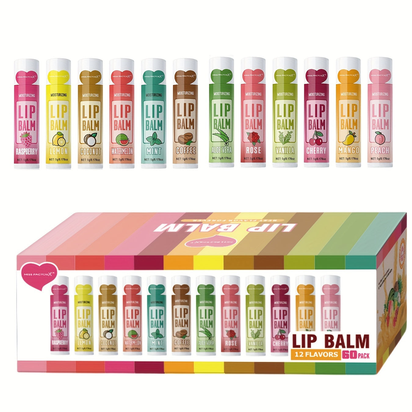 60-Piece Tube Lip Balm Set with 12 Pictured Flavor Labels in a Multicolor Display Box Assortment