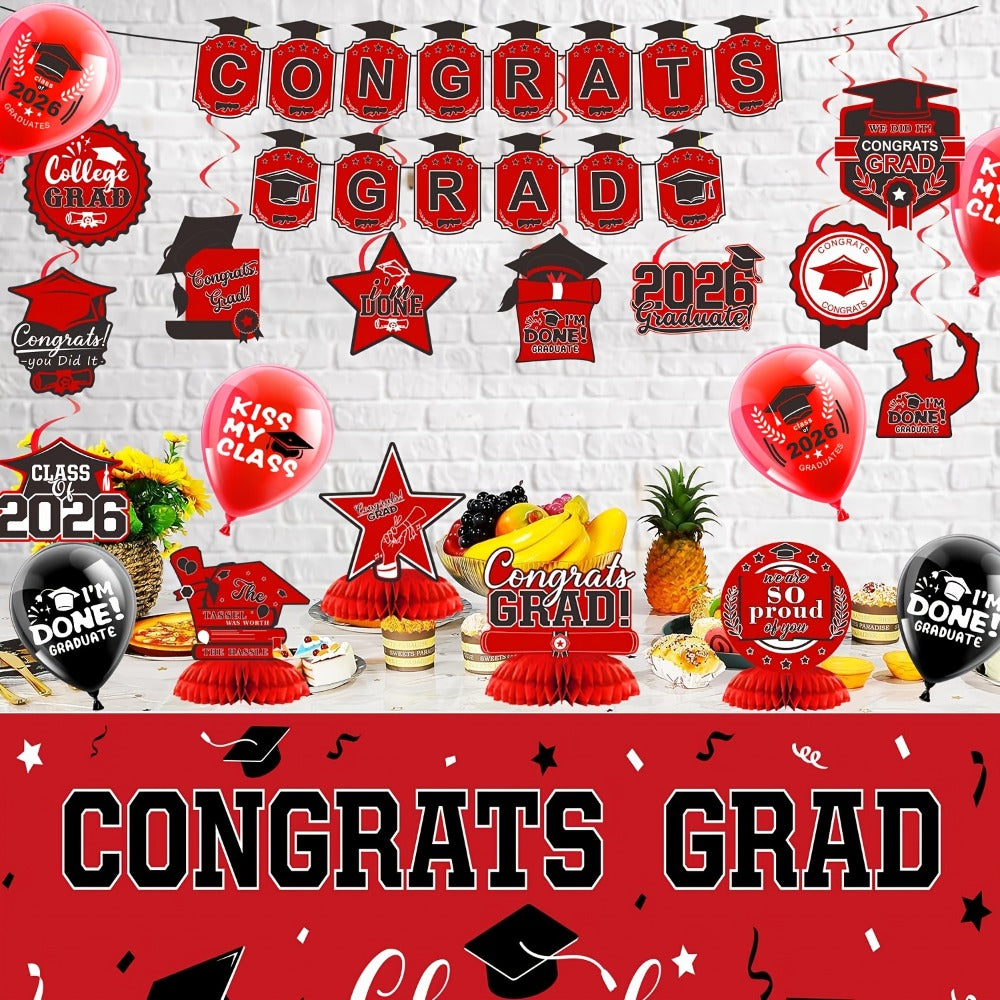 Party Decorations Class of 2026 Graduation Set with Backdrop, Banner, Swirls and Table Pieces in Five Colors