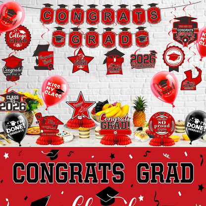 Party Decorations Class of 2026 Graduation Set with Backdrop, Banner, Swirls and Table Pieces in Five Colors