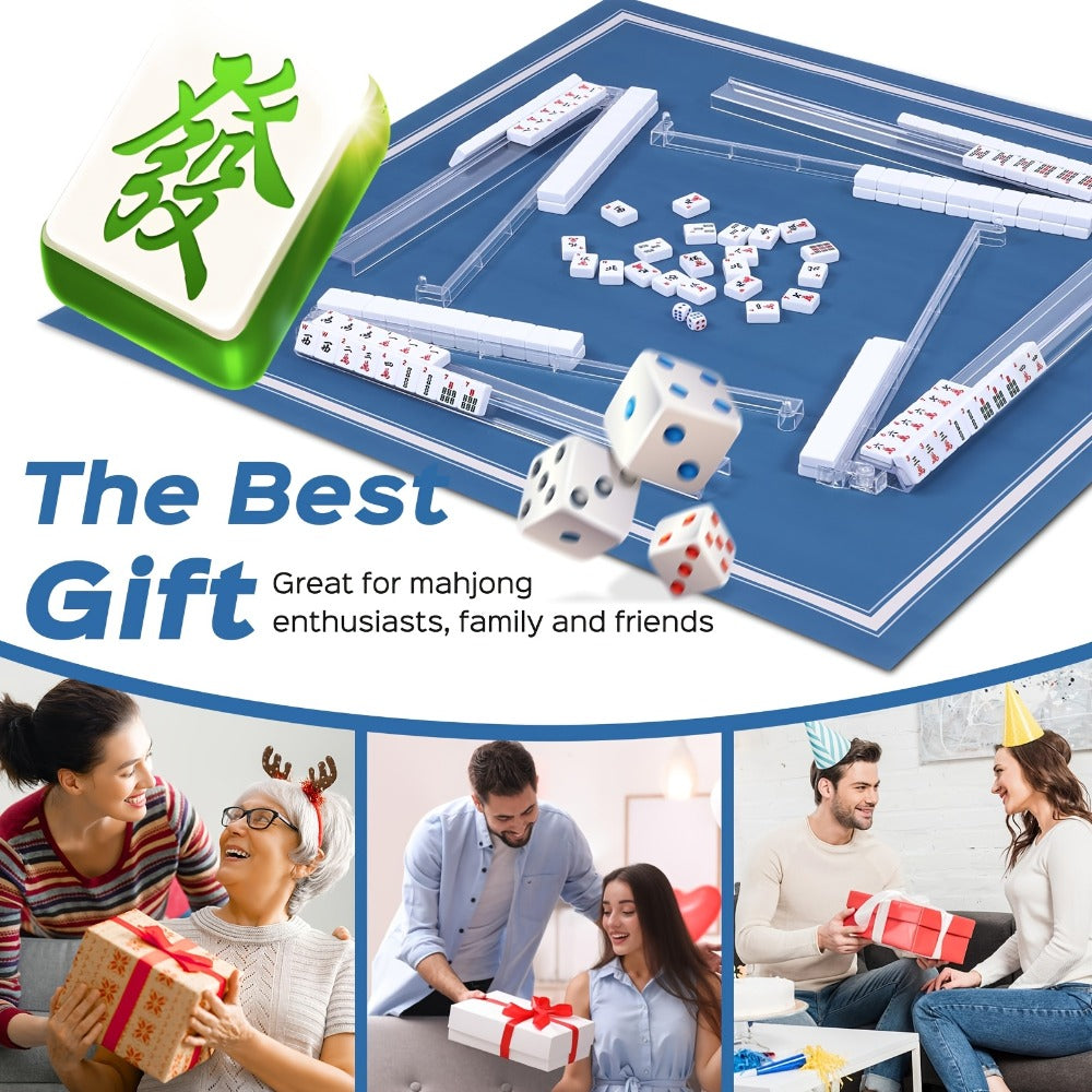 Four-Piece Clear Mahjong Tile Rack and Pusher Set with All-in-One Rail Design and Patterned Storage Bag