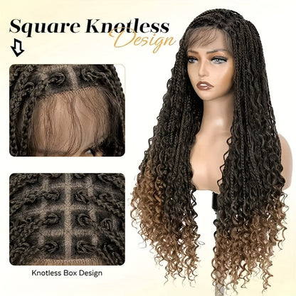 Thirty-Six-Inch Bohemian Square-Braid Wig with Curly Ends and Four Black, Blonde or Burgundy Options