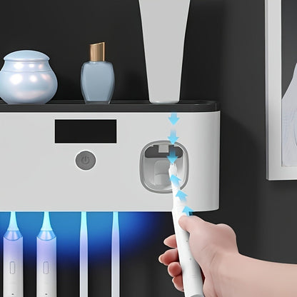 Toothbrush Holder Wall Mounted No Drill - 4-Slot Bathroom Toothbrush & Toothpaste Storage Rack, Modern Bathroom Organizer, Self-Adhesive Wall Mount, White Grey Bathroom Decor Accessories