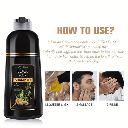 Hair Dye Shampoo, YANYUTONG 500ml Black 3-in-1 Bottle for At-Home Hair Color Application and Rinse Routine