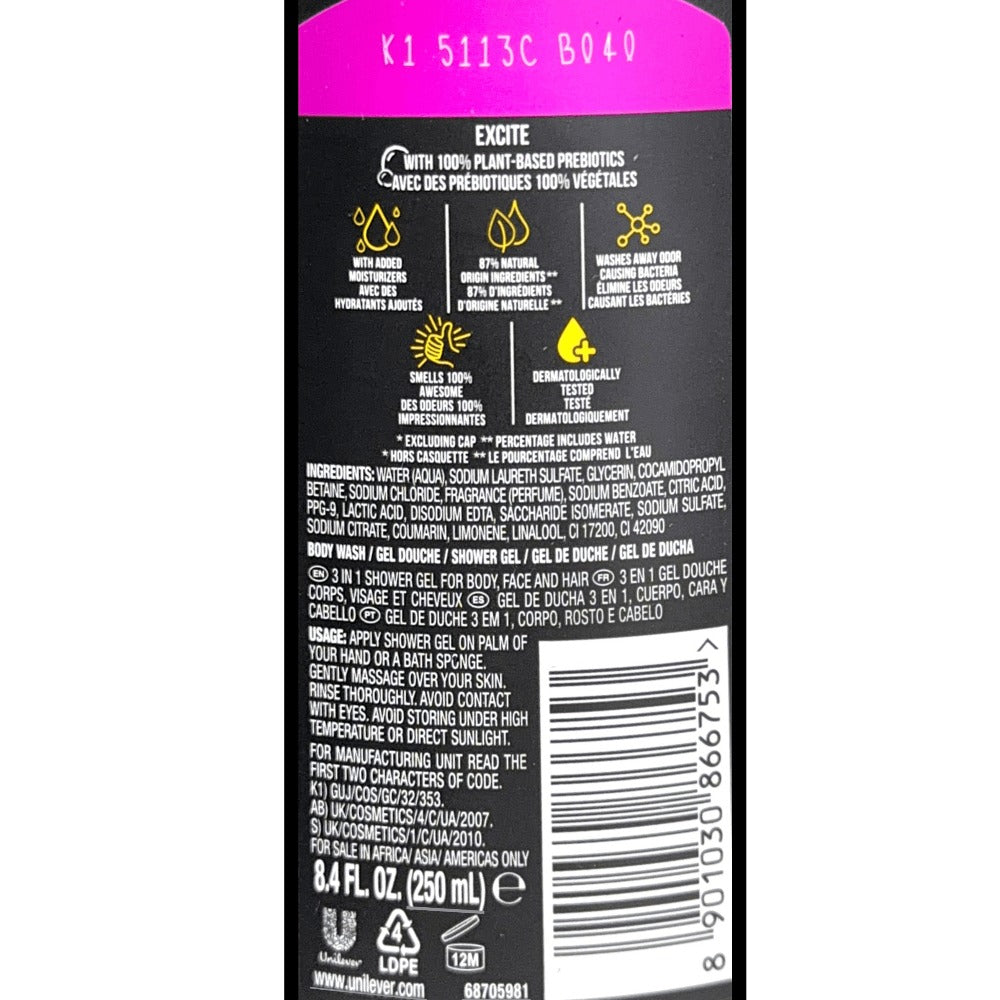 Four-Pack AXE Body Wash Assortment with 250ml Flip-Cap Bottles and Four Pictured Label Styles