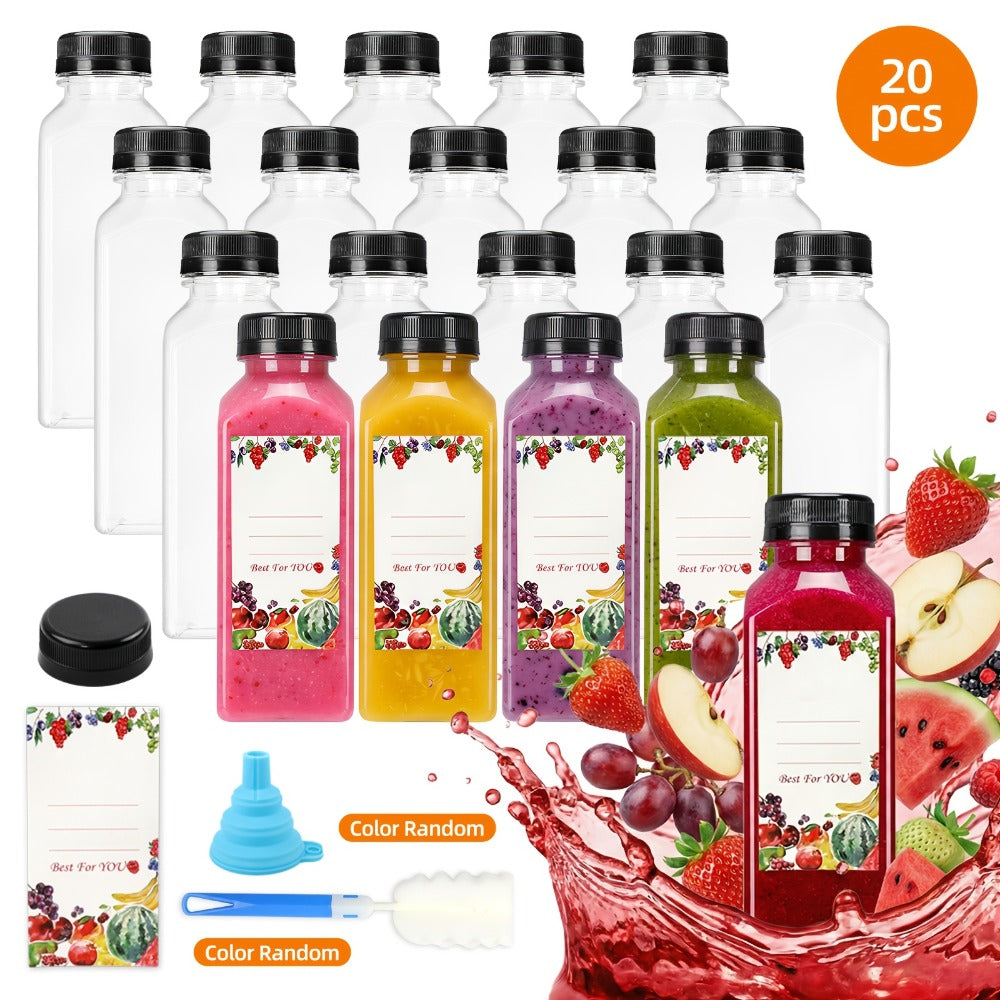 Reusable Juice Bottle Set, Clear Plastic 12oz or 16oz Drink Containers with Lids, Funnel and Cleaning Brush
