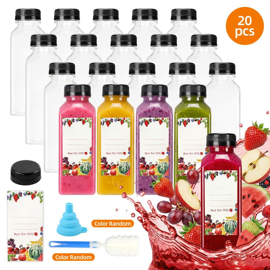 Reusable Juice Bottle Set, Clear Plastic 12oz or 16oz Drink Containers with Lids, Funnel and Cleaning Brush