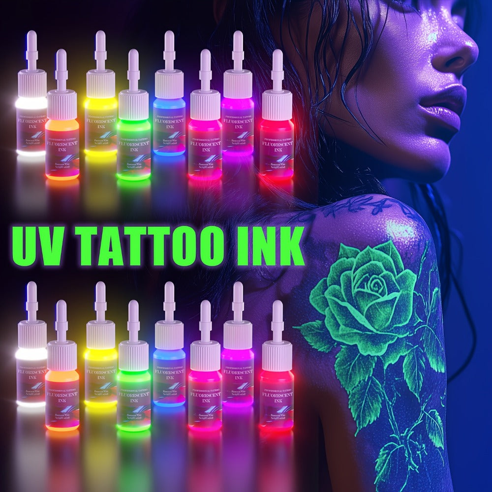 Tattoo Ink DMTATTOO UV Blacklight Set with Eight 5ml Bottles in White, Red, Orange, Green, Yellow, Purple, Blue and Pink
