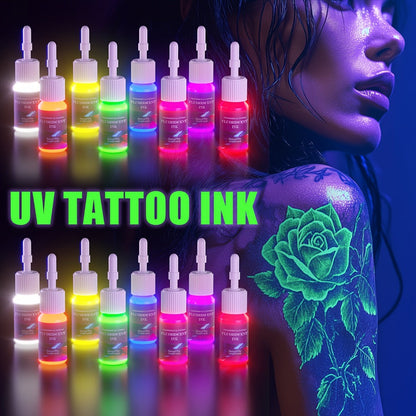 Tattoo Ink DMTATTOO UV Blacklight Set with Eight 5ml Bottles in White, Red, Orange, Green, Yellow, Purple, Blue and Pink